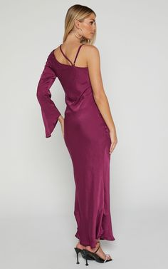 Khacy Midi Dress - One Shoulder Halter Dress in Plum Purple One-shoulder Evening Dress, Glamorous One-shoulder Satin Maxi Dress, Glamorous One Shoulder Satin Maxi Dress, One Shoulder Purple Evening Dress, Purple One-shoulder Cocktail Dress, Chic One Shoulder Maxi Dress For Bridesmaids, Purple One-shoulder Evening Dress For Prom, Purple Sleeveless One Shoulder Dress For Evening, Purple Off-shoulder Midi Dress For Evening