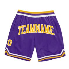 Cheer on the custom fashion basketball shorts. These shorts feature custom name number and a comfortable elastic waistband. Whether hitting the town or sinking into the couch, these shorts will perfectly finish any sports fashion look.Features: 1. Material: 100% polyester mesh 2. Stitched team or player name and numbers 3. Knit rib waistband, Rib welt pockets at side, Lined polyester mesh 4. Breathable & Quick-Drying; Exquisite stitching not easy to fall off 5. Moisture-wicking fabric has spongy Jersey Design Basketball, Purple Basketball Shorts, Casual Team-colored Athletic Shorts For Basketball, Mesh Basketball Shorts, Basketball Shorts With Built-in Shorts, Moisture-wicking Basketball Athletic Shorts, Gold Shorts, Blue Football, Sports Fashion