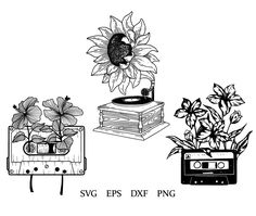 the sunflower is sitting on top of an old record player and some plants are growing out of it