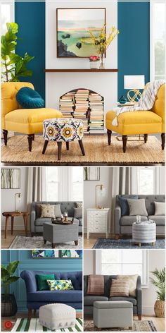 this is a collage of different couches and chairs in the same living room