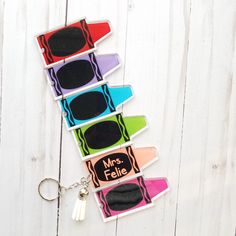 "Personalized Teacher Name Acrylic Crayon Key chain with Tassel, Great Teacher Appreciation Gift. Great Teacher Appreciation gift for your child's favorite teacher's keys! Chose crayon color and keychain/spiral bracelet from the drop down box. This listing is for ONE (1) Personalized key chain with your child's or teacher's name and white tassel - great backpack or lunchbox tag, a super cute gift. If you need more than what appears available, please send me a message and I can adjust the listing Multicolor Craft Supplies For End Of School Year, Multicolor Craft Supplies For Back To School, Rectangular Multicolor Keychains For School, Multicolor Fun Keychains For School, Fun Multicolor Keychains For School, Teacher Appreciation Gifts Keychain, Keychain For Teachers, Teacher Acrylic Keychain, Customized Multicolor Keychains For School