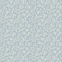 a blue and white wallpaper with small leaves on the bottom right corner, in an ornate pattern