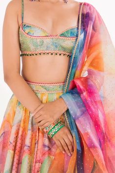 Shop for Cedar and Pine Multi Color Brocade Kaleidoscope Print Lehenga Set for Women Online at Aza Fashions Print Lehenga, Embroidery Neckline, Blouse Lehenga, Printed Lehenga, Floral Lehenga, Traditional Attires, Rove Concepts, Print And Embroidery, Padded Blouse