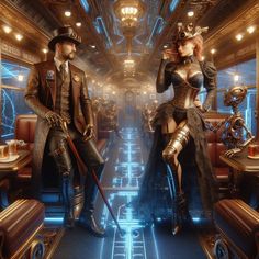 two people dressed in steampunk clothing on a train