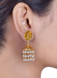 925 Silver Gold Plating Silver Gold Plating 3 Layers of Pearls hanging Jhumka Earrings. Indian wedding Earrings Weight- 10.01 Gram 925 Silver gold Plating Jhumka Earrings, 3 Layers Pearl hanging Earrings, with silver push lock, Indian wedding jhumka Earring, Gift for her Indian Earring, Indian Wedding Earring All of our pieces are strong and durable and made with care. Elegant Danglers For Puja, Round Jhumkas For Puja, Elegant Jhumkas With Latkans For Puja, Elegant Round Jhumkas For Puja, White Fusion Danglers With Latkans, White Fusion Earrings With Latkans, Heavy White Fusion Style Jhumkas, White Temple Jewelry Jhumkas For Formal Occasions, White Earrings For Diwali Puja