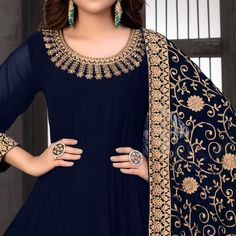 Make your casual looks more impressive with this blue colored anarkali suit. This beautiful designer suit is prettified with lovely embroidery work which makes it appear classy. The top is made of faux georgette accompanied with pure santoon inner and bottom, along with faux georgette dupatta. Women can buy this designer suit to wear for their parties, festivals, functions or engagement ceremonies and occasions. Team it with stylished accessories to make your looks more beautiful. This attractive anarkali will surely fetch you compliments for your rich sense of style. Note:- The actual product may differ slightly in color and design from the one illustrated in the images. Size Chart Size: Semi Stitched/Unstitched can be altered from maximum to minimum size based on size chart Blue Georgette Churidar With Zari Work, Georgette Anarkali Suits, Georgette Anarkali, Georgette Dupatta, Designer Suit, Engagement Ceremony, Accessories To Make, Anarkali Suit, Chiffon Saree