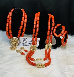 Coral Beads Necklace and long coral beads with bracelet Sets, (Iyun),  Coral  Beads set with accessories beads necklace. Bride, wedding, Engagement, party, traditional beads, high quality, Nigerian Coral Beads, African coral beads, Beads.  African coral beads, coral beads for women. Nigerian bridal accessories,  coral beads. Yoruba/Igbo/ibo/Edo/Benin wedding. Coral beads.  3 pieces includes -layers necklace, 1  bracelet and a pair of earrings  Materials: faux coral beads Mostly used - Traditiona Traditional Jewelry With Round Beads For Ceremonies, Traditional Round Beads Jewelry For Ceremonies, Traditional Jewelry For Ceremonies With Round Beads, Traditional Round Beaded Jewelry For Ceremonies, Traditional Gold Beaded Necklaces For Wedding, Traditional Orange Jewelry For Celebration, Colorful Round Beads Jewelry For Traditional Ceremonies, Handmade Gold Beaded Necklaces For Traditional Ceremonies, Traditional Coral Jewelry With Round Beads