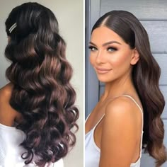 Make Up And Hair Ideas For Party, Hollywood Curls With Braid, Hollywood Waves Middle Part Slick, Slick Front Hollywood Waves, Hairstyles For One Strap Dress, Prom Hair Middle Part, Hair Inspo Long Hairstyles, Long Glam Hair, Vintage Wedding Look