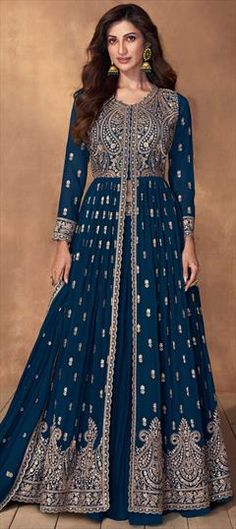 Blue color Long Lehenga Choli in Georgette fabric with Embroidered, Sequence work Blue Gown With Dori Work For Wedding, Blue Gown With Zari Work For Reception, Blue Gown With Dori Work For Reception, Floor-length Dori Work Dupatta For Ceremony, Blue Gown With Dori Work In Traditional Drape, Ceremony Floor-length Dupatta With Dori Work, Blue Cutdana Gown For Eid, Blue Gown With Dori Work And Traditional Drape, Ceremony Floor-length Dori Work Dupatta