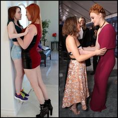 two women in short dresses and high heels are talking to each other while one woman is hugging the other