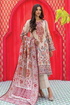 Discover the essence of traditional elegance with our KHAADI Tailored 3 Piece Pakistani Outfits, featuring a printed embroidered Messuri top with a blend of 95% Cotton and 5% Polyester for a comfortable and stylish statement. The dyed Cambric bottom made of 100% Cotton ensures a classic look with its pristine quality. Adorn yourself with our graceful printed dupatta of Pakistani outfits, that completes the set with its matching 95% Cotton and 5% Polyester fabric. Full-length sleeves add a touch of sophistication, making it an ideal selection for those seeking premium women's Pakistani clothes. Shop our Pakistani suits online and experience the luxury of intricately stitched clothes crafted for the modern woman Pakistani outfits. Spring Red Dupatta, Red Spring Dupatta, Fitted Sets With Multicolor Embroidery And Printed Motifs, Unstitched Red Lawn Suit With Floral Embroidery, Unstitched Embroidered Patterned Lawn Suit, Patterned Embroidered Lawn Suit, Festive Multicolor Embroidered Printed Sets, Festive Sets With Multicolor Embroidery And Printed Motifs, Festive Multicolor Embroidered Sets With Printed Motifs