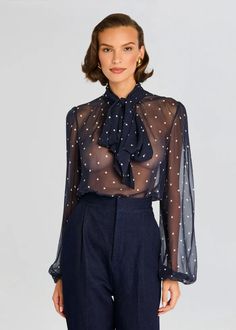 polka dot top, polka dot blouse, sheer top, tops for women, womens tops, tops for fall, going out tops, going out tops trendy, top silk, top chiffon, tops for women casual, tops for women work, party tops, party tops classy, night out top classy, fashion design, classy casual blouse, classy tops with jeans, elegant tops for women, chic tops, womens fashion chic, elegant fashion, french girl fashion top Luxury Blouse With Blouson Sleeves, Designer Blouse With Sheer Sleeves For Formal Occasions, Classic Sheer Sleeve Tops For Office, Luxury Formal Blouse With Sheer Sleeves, Elegant Silk Tops For Office Wear, Classic Office Tops With Sheer Sleeves, Classic Fitted Blouse With Sheer Sleeves, Classic Blouse With Sheer Sleeves And Fitted Design, Classic Tops With Sheer Sleeves For Party