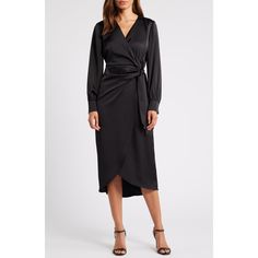 Find SAM EDELMAN Fluid Long Sleeve Satin Faux Wrap Midi Dress on Editorialist. A side-tie detail lends a faux-wrap effect to this long-sleeve midi made of smooth satin. Hidden back-zip closure Surplice V-neck Long sleeves Partially lined 100% polyester Hand wash, dry flat Imported Wrap Midi Dress, Long Sleeve Midi, Black Midi Dress, Sam Edelman, Top Brands, Midi Dress, Hand Wash, Long Sleeves, Satin