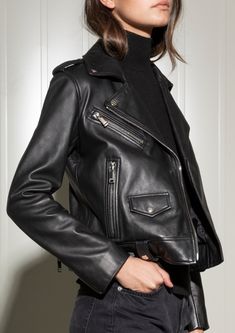 Biker leather jacket black#color_black Luxury Sleek Biker Jacket For Fall, Luxury Sleek Leather Biker Jacket, Luxury Modern Biker Jacket For Fall, Luxury Sleek Leather Jacket For Winter, Luxury Sleek Black Leather Jacket, Luxury Black Leather Jacket In Trendy Style, Classic Luxury Leather Jacket, Edgy Leather Jacket For Night Out, Luxury Chic Leather Jacket For Streetwear