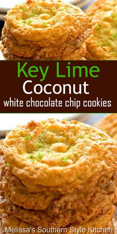 cookies stacked on top of each other with the words key lime coconut white chocolate chip cookies