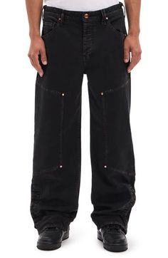 Inspired by classic workwear, these pants made of cotton stretch twill feature reinforced leg panels and a wide-leg fit that lets you tackle any job in comfort. 32" inseam; 20" leg opening; 12 1/2" front rise; 16" back rise (size 32) Zip fly with button closure Five-pocket style; hammer loop Button-tab cuffs 98% cotton, 2% elastane Machine wash, tumble dry Made in the USA of imported fabric Cargo Pants With Five Pockets For Workwear, Standard Cut Cargo Pants With Five Pockets For Workwear, Workwear Cargo Jeans With Contrast Stitching, Cotton Cargo Pants With Contrast Stitching For Work, Contrast Stitching Cotton Cargo Jeans For Work, Classic Workwear, Cotton Cargo Pants, Fly Logo, Utility Pants