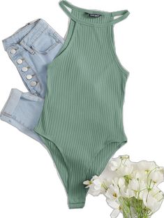 Casual Ribbed High-stretch Bodysuit, Green Sleeveless Bodysuit For Spring, Sleeveless Green Bodysuit For Spring, Casual Green Stretch Bodysuit, Trendy Green Sleeveless Bodysuit, Trendy Sleeveless Green Bodysuit, Spring Sleeveless Ribbed Bodysuit, Trendy Sleeveless Ribbed Bodysuit, Trendy Ribbed Sleeveless Bodysuit