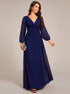 Embrace timeless elegance with our Graceful Chiffon A-Line Pleated Long Sleeves Formal Evening Dress. This stunning gown features a flowing chiffon fabric, a flattering A-line silhouette, and delicate pleating that adds texture and sophistication. The long sleeves provide an extra touch of grace, making it the perfect choice for formal occasions where you want to leave a lasting impression. Elegant Formal Chiffon Dress, Elegant Flowy Floor-length Chiffon Dress, Elegant Floor-length Flowy Chiffon Dress, V-neck Chiffon Prom Dress In Georgette, Blue A-line Chiffon Evening Dress, Formal A-line Chiffon Georgette Dress, Chiffon Party Dress With Empire Waist, Formal Chiffon Empire Waist Evening Dress, Formal Chiffon Evening Dress With Empire Waist