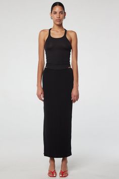 Fitted Ribbed Maxi Skirt, Long Black Maxi Skirt, Rib Skirt, The Line By K, Line By K, Skirt Outfit Summer, Ribbed Skirt, Column Skirt, Black Maxi Skirt