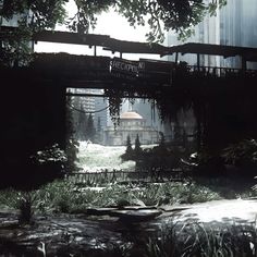 the last half of the video game is shown in black and white, with an overpass