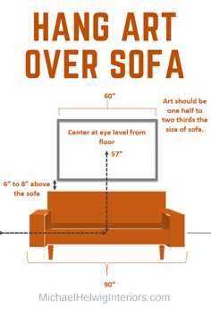 an orange couch with the text hang art over sofa on it's left side