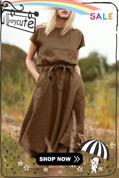 Solid A-line Short Sleeve Crew Neck Dress with Belt Casual A-line Plain Dress, Spring A-line Dress With Tie Waist, Khaki Dress For Fall, Khaki Fall Dress, Solid Color Khaki Fall Dress, Knee-length Relaxed Fit Casual Dress, Casual Knee-length Relaxed Fit Dress, Casual Summer Dress With Wide Hem, Relaxed Fit Knee-length Casual Dress