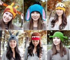 six pictures of women wearing knitted hats with cartoon characters on them, all in different colors