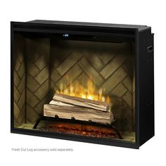 an electric fireplace with logs and flames on the sides, in black frame against a white background