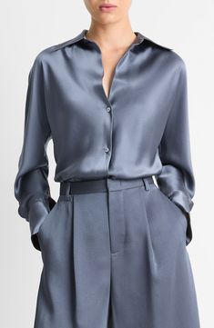 Long Sleeve Under Button Up, Elegant Shirt With Covered Buttons For Fall, Elegant Fall Shirt With Covered Buttons, Chic Silk Shirt For Semi-formal Occasions, Elegant Silk Business Shirt, Timeless Silk Shirt For Office, Silk Shirt With Lapel Collar For Office, Elegant Silk Tops With Buttons, Chic Semi-formal Silk Shirt