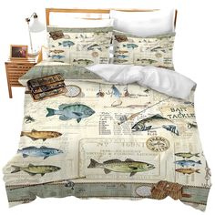 an image of a bed with fish on it