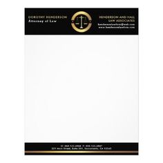 a business letterhead with a gold and black border on the front, featuring an image of a judge's gaven