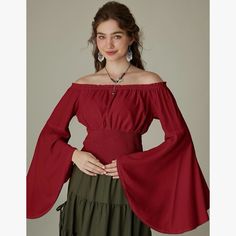 Scarlet Darkness Women Bell Sleeve Smocked Top Off The Shoulder. Renaissance Pirate Shirt Boho Peasant Blouse Tops. Size Large With Stretch: Bust: 37.5-40.5”, Waist: 30.5-34.5”, Sleeve Length 27.6” 62% Viscose, 38% Polyester Machine Wash Imported This Well-Made Renaissance Shirt Can Be Wared As Off The Shoulder Top Or As Crew Neck Top, Outfitted With Long Bell Sleeves With Delicate Lace Trim And Smocked Waist This Women Bell Sleeve Top Is Perfect For Renaissance Faire, Historical Reenactment, Ha Fitted Peasant Top With Elastic Sleeves, Long Sleeve Peasant Top With Smocked Cuffs, Summer Peasant Top With Smocked Cuffs, Bohemian Tops With Bishop Sleeves And Smocked Cuffs, Bohemian Tops With Smocked Cuffs And Bishop Sleeves, Billowy Peasant Dress With Gathered Sleeves, Peasant Tops With Gathered Bishop Sleeves, Fitted Smock Peasant Top For Fall, Peasant Tops With Lantern Sleeves