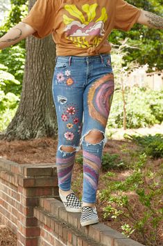 The coolest Unique, Hippie flower child jeans ever! Perfect for summer and fall music festivals...Colorful jeans that will complement any cute crop top or vintage tee for the summer season! Bohemian Summer Cotton Jeans, Bohemian Cotton Jeans For Summer, Bohemian Style Cotton Summer Jeans, Summer Festival Bottoms With Graphic Print, Trendy Summer Jeans With Floral Print, Trendy Summer Floral Print Jeans, Trendy Floral Print Cotton Jeans, Artsy Cotton Jeans For Spring, Casual Jeans For Festival In Fall