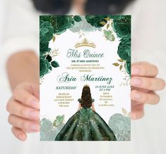 Fddf Emerald Green Ball Gown, Quinceañera Party Ideas, Girl Birthday Invitations, Teenager Party, Quinceanera Crown, Princess Invitation, Invitations Quinceanera, Quinceañera Invitation, Quinceañera Invitations