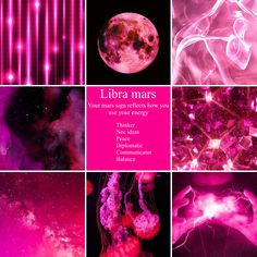 a collage of images with the words libra mars in pink, purple and black