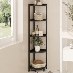 a corner shelf in the corner of a room with a potted plant on it