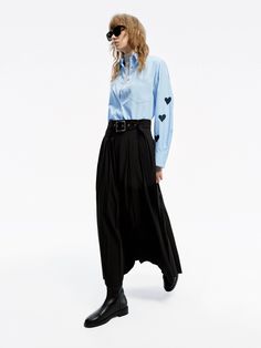 MO&Co. Women's Include Belt Maxi Skirt A transitional wardrobe staple, this maxi skirt is crafted from well-made fabric. The A-line silhouette is both elegant and flattering, while the side pockets and pleated details add functionality and flair. It's offered in classic black, the airy design is completed with a tonal belt for a touch of sophistication. Features : - High waist A-line maxi silhouette- Side slip pockets, pleated design- Belt loops and include the belted Code: MBD1SKT030The back le Workwear Asymmetrical Maxi Skirt With Pleats, Asymmetrical Pleated Maxi Skirt For Work, Asymmetrical Workwear Maxi Skirt With Pleats, Flowy Maxi Skirt For Fall Workwear, Fall Pleated Maxi Skirt For Workwear, Fall Wide Leg Maxi Skirt For Work, Fall Workwear Pleated Maxi Skirt, Chic Full Maxi Skirt For Workwear, Chic Fall Maxi Skirt With Pockets