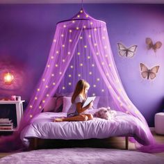 PRICES MAY VARY. Polyester GLOW IN THE DARK STARS! Light up your bedroom with our canopy bed curtains. Let unicorns absorb light, make room completely dark and enjoy the galaxy! PURPLE GIRLS ROOM DECOR! Our decorative canopies are designed with one overlapping opening for ease of entrance and provide a luxurious or cozy bedroom atmosphere. SETUP IN SECONDS! Free hanging kit included, hang the bed canopy in seconds with the adhesive ceiling hook. Our canopy size is 400 x 90 x 22 inch, weighs 0.9 Tangled Rapunzel Room Decor, Kids Purple Bedroom, Unicorn Room Decor Kids Girls Bedroom, Kids Room Curtain Ideas, Girls Purple Bedroom, Unicorn Bedroom Ideas Kid Rooms, Girls Bedroom Purple, Disney Bedroom Decor, Purple Kids Bedroom