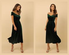 two pictures of a woman in a green dress and heels, both wearing high heeled sandals