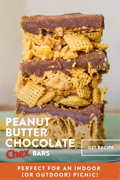 peanut butter chocolate chex bars stacked on top of each other with the words, perfect for an indoor picnic