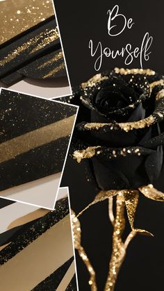 a black and gold rose with some glitter on it