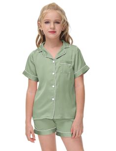 PRICES MAY VARY. 🌈Premium Material: This Kids Classic Short Sleeve Pajamas Made of high-quality silk satin fabric. Ultra-soft, lightweight, cool, breathable and comfortable. Give your lovely kids to dreamland sweet in every summer night. 🌈Classic Pajamas Style: VESEACKY unisex nighty design with classic notch collar, short sleeve, button front sleep shirt, mini chest pocket, exquisite piping contrast and super cute pj shorts. Suitable for boys and girls wear in spring and summer. 🌈Elastic Wai Green Sleepwear For Sleepover, Green Short Sleeve Sets For Sleepover, Solid Short Sleeve Bedtime Sets, Cute Green Sleepwear For Bedtime, Cute Green Short Sleeve Sleepwear, Cute Green Pajama Party Set, Cute Green Bedtime Set, Cute Pj Shorts, Nighty Design