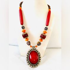 These Beautiful Himalayan Necklaces Having Unique Design Long Necklace Will Be A Perfect Touch To Your Outfit N Clothes. Red Necklace With Large Round Pendant, Traditional Red Necklace With Round Pendant, Traditional Red Round Pendant Necklace, Handmade Red Bohemian Necklace, Red Large Pendant Jewelry For Gift, Red Round Pendant Necklace, Red Necklace With Round Pendant, Red Jewelry With Large Pendant For Gift, Unique Red Necklace With Large Pendant