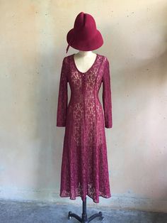 "Mint Vintage 80s Dark Cranberry Red Lace Dress w/ Corset Lace-up Tie Back.  She's gorgeous!  Condition: Excellent pre-owned vintage  Material: Lace / Polyester Size: No Tag / Fits Like Small (fabric and lace-up back allows for a few varying sizes) Bust: 26\" - 27\" Waist: 25\" - 28\" (lace-up back allows for varying waist sizes) Hips: 28\" Length from nape to hem: 45\" Sleeve Length: 20\" **All hats & accessories sold separately** ---------------------------------------------------------------- Red Vintage Lace Dress, Vintage Burgundy Dress For Evening, Vintage Burgundy Evening Dress, Vintage Burgundy Party Dress, Burgundy Vintage Evening Dress, Red Dresses For Vintage Events, Bohemian Fitted Vintage Dress For Party, Fitted Bohemian Vintage Dress For Party, Bohemian Vintage Dress Fitted For Party