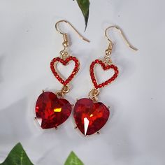 Beautiful Hook Style Gold Tone With Red Crystal Stones Double Heart Design New @Ebin Casual Dressy Work Office Wedding Everyday Simple Red Heart Earrings For Wedding, Red Heart Earrings For Valentine's Day Wedding, Red Heart Earrings For Wedding On Valentine's Day, Red Heart Earrings For Mother's Day, Red Dangle Heart Earrings For Wedding, Red Heart Earrings For Valentine's Day Anniversary, Red Heart Charm Earrings For Party, Horn Earrings, Safety Pin Earrings