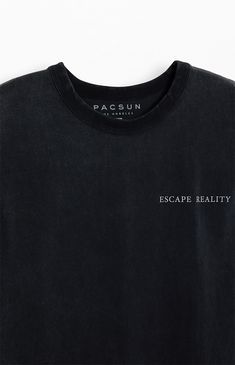 Introducing the PacSun Escape Reality Oversized T-Shirt: Crafted with a crew neckline and short sleeves, this tee boasts an oversized fit for ultimate comfort. Customized with graphics on the left chest and back, it's the perfect piece to add a touch of style to your casual wardrobe.


	Crew neckline
	Short sleeves
	Relaxed fit
	Left chest & back graphics
	100% Cotton
	Machine washable
	Model is wearing size medium
	Model Measurements: 6'1” Height, 31” Waist, 33” Inseam Oversized Soft-washed Black T-shirt, Black Cotton Muscle Tee With Screen Print, Cotton Muscle Tee With Graphic Print, Oversized Graphic Print Crew T-shirt, Short Sleeve Graphic Muscle Tee, Cotton Crew Neck Muscle Tee With Graphic Print, Black Relaxed Fit Crew T-shirt, Black Relaxed Fit Crew Neck T-shirt, Urban Style Black Soft-washed T-shirt