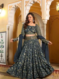 Rayon Blue & Grey Floral Print Lehenga Choli Set with Organza Dupatta Festive Floral Print Palazzo Set For Wedding, Floral Print Sets For Reception And Festivals, Fitted Floral Print Traditional Wear For Reception, Fitted Floral Traditional Wear For Reception, Traditional Eid Choli With Floral Print, Traditional Floral Choli For Eid, Traditional Floral Print Choli For Eid, Designer Floral Print Lehenga For Eid, Fitted Floral Print Anarkali Set With Traditional Drape