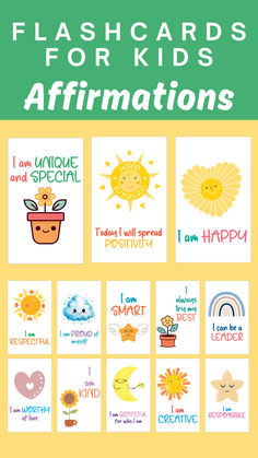 the flashcards for kids affirmations are shown in different colors and designs