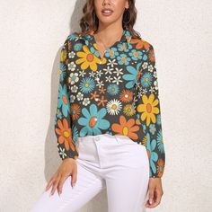 Step into the iconic style of the '60s with our Mod Floral Shirt, a fashion statement that seamlessly blends retro charm with contemporary flair. Embrace the spirit of the mod era with this 60s-inspired blouse, designed to make you stand out in any crowd. Our mod 60s top is a tribute to the timeless fashion of the past, combining vibrant floral patterns with modern elegance. Explore our collection of Women's Blouses and Women's Tops, each piece curated to elevate your wardrobe. The Long Sleeve Top offers versatility for any season, while the Semi Sheer Women's Top adds a touch of allure to your ensemble. Channel the chic vibes of the '60s and redefine your style with these effortlessly stylish tops.I designed this for women who loves the 60s! A truly adorable design with cute mod floral pa Semi Sheer Top, Mod 60s, Retro Tops, Modern Boutique, Floral Prints Pattern, Sheer Top, Top Women, Floral Shirt, Fashion Prints