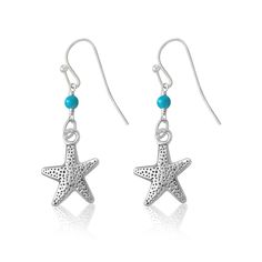 Ocean Inspired Starfish Earrings with Turquoise Starfish come in all shapes, sizes, and colors, decorating rocks in tide pools, and coral on the ocean floor. According to legends, starfish are some of the stars that fell from the sky into the oceans. Symbolizing equality and rebirth, starfish have a remarkable ability for regeneration. If a starfish is cut in half, two starfish will grow. Turquoise is believed to bring luck and to possess powers, including the ability to promote wealth, attract Ocean Color Starfish Jewelry For Beach, Nickel Free Starfish Jewelry For Summer, Handmade Star Shaped Jewelry For Vacation, Blue Star Jewelry For Vacation, Silver Star Earrings For Summer, Handmade Star-shaped Jewelry For Vacation, Beach Jewelry In Sterling Silver With Star Shape, Blue Star Shaped Jewelry For Vacation, Beach Jewelry With Sterling Silver Star